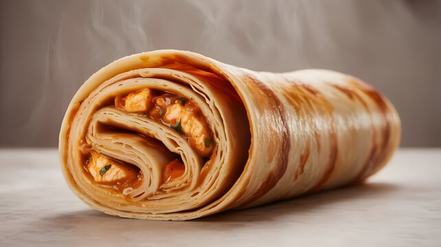 Steaming hot paneer tikka roll showcasing layers of flaky paratha and rich orange curry filling close up