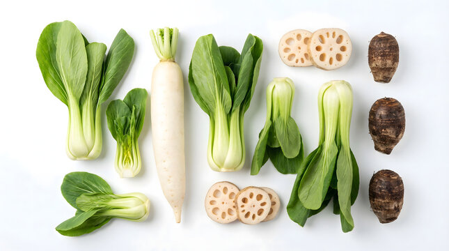 Fresh green bok choy, white daikon radish, sliced lotus root, and taro root vegetables on white background, top view
