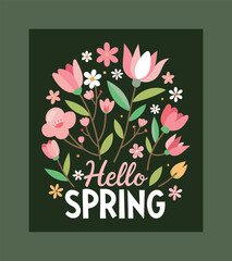 Hello spring floral illustration with pink flowers © MdAzizul