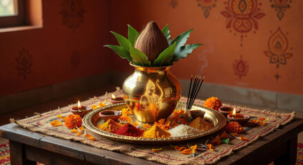Kalash with Coconut and Mango Leaves for Puja with Incense and Diyas image