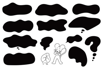 悩めるネズミと鳥と黒いもやもや吹き出しのセット