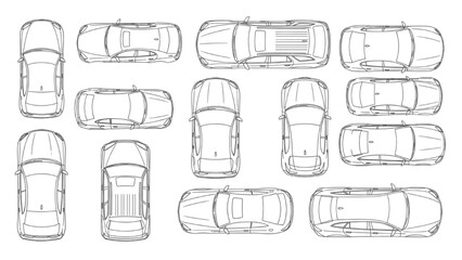 Collection of vehicle autocad blueprint designs viewed from above featuring various cars © Stock Image Paradise