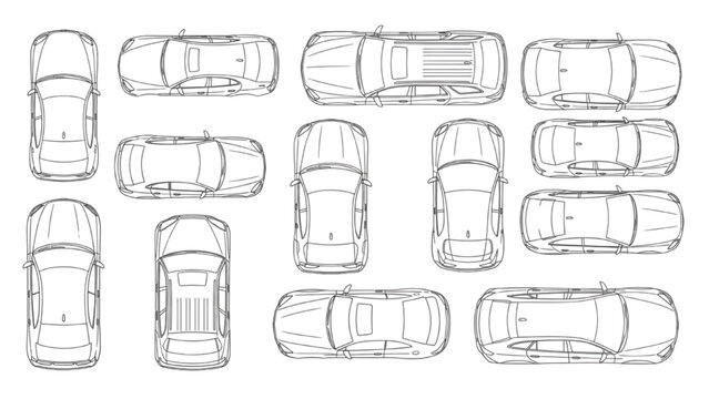 Collection of vehicle autocad blueprint designs viewed from above featuring various cars