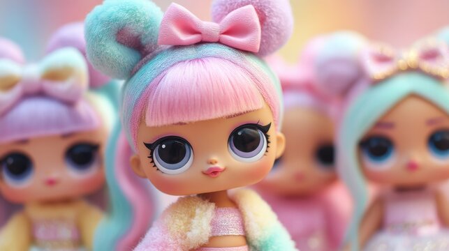 Cute L.O.L. Surprise inspired dolls on a soft pastel background Generative AI