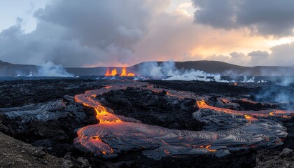 Fiery lava flows from a volcanic eruption, illuminating the dark, rocky landscape under a dramatic, cloudy sky.