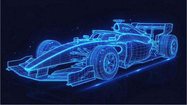 Detailed vehicle autocad blueprint of a futuristic racing car in a 3D wireframe model viewed from the side
