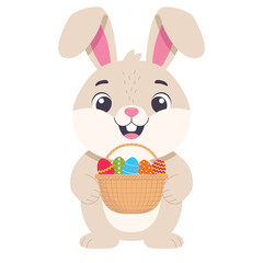 Cute standing rabbit with a wicker basket with Easter eggs in his hands, full length. Flat color Illustration on a transparent background