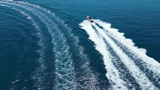 Aerial view of speedboat cutting through deep blue ocean water leaving white wake