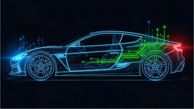 Detailed vehicle autocad blueprint of a sports car profile with glowing neon lights and 3D wireframe design