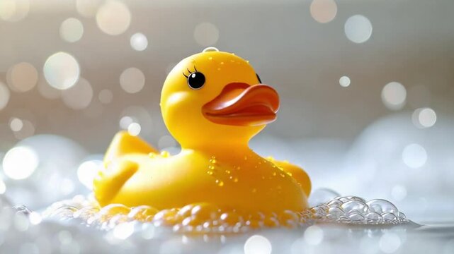 Cute yellow rubber duck floating in a bubbly bath with bokeh lights