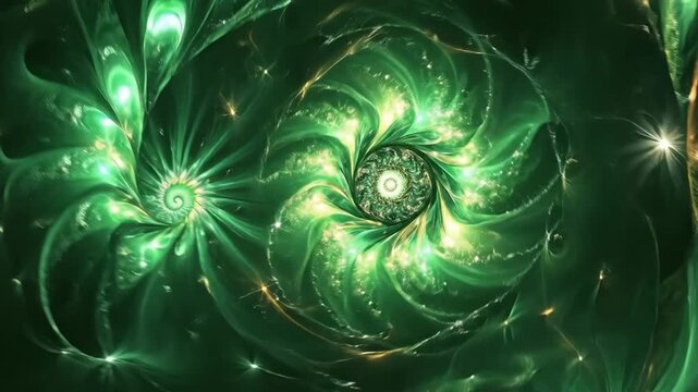 Vibrant green fractal spiral with shimmering floral patterns and intricate swirls. Saint Patrick's Day, St Paddy's Day, St Patty's Day - Irish National Holiday and Cultural Celebration
