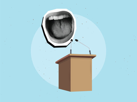 An open mouth behind a podium with microphones. Public speaking concept. Modern collage style. Vector illustration