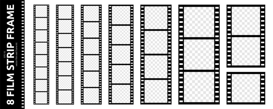 Black Film Reel Strip Frame Set is Transparent Space for Photo or Video. Cinema Movie Film Camera Roll Kit. Photo Booth Reel Strip Frame Collection. Vector Png Graphic Clipart Element
