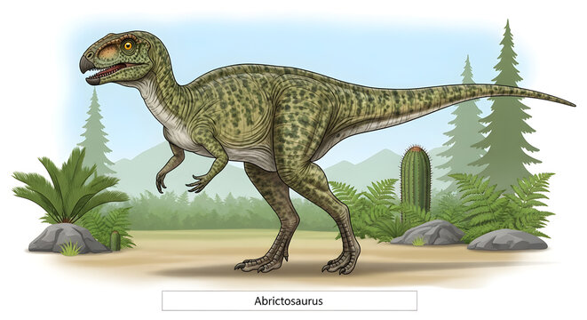 A prehistoric dinosaur walking through a lush green landscape with ferns and tall trees