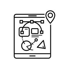 Minimalist digital illustration of a location pin searching on a tablet screen with map and navigation icons, ideal for travel, GPS, and tech concepts.