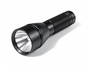 Black metal flashlight with textured grip, on white backdrop