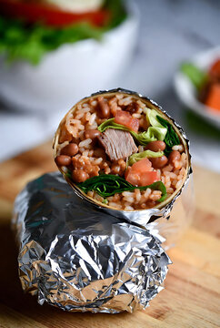 Fresh vegetarian burrito wrap with quinoa, black beans, avocado, and cheese on rustic wooden table for healthy lunch or dinner meal prep for Burrito Day celebration