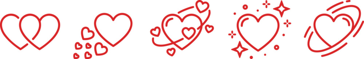 Valentine romantic icons border in red outline, hearts, rings and love symbols seamless horizontal divider for wedding invitations and greeting cards