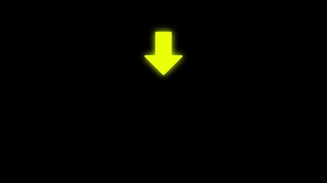 Yellow  arrow pointing down direction animation on black  screen, vector illustration of an arrow icon animation video 4k, animated arrowhead moving down, Chroma key