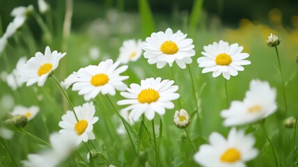 Fototapeta premium Field of Delicate White Daisies Blooming Amidst Fresh Green Grass in a Sunny Meadow