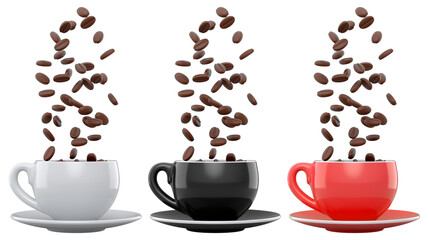 Obraz premium Set of ceramic coffee cups filled with roasted coffee beans, glossy style, isolated on white background, concept of caffeine