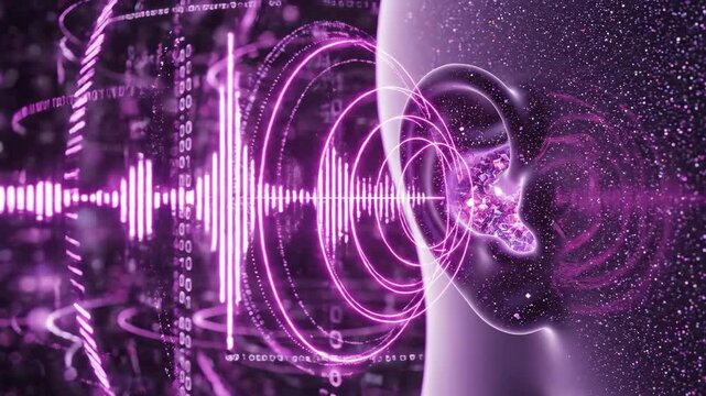 Digital audio processing and sound wave entering human ear with binary code visualization