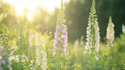 Obraz premium Foxglove Flowers with Tall Spires of Blossoms on a Soft Background in Natural Sunlight