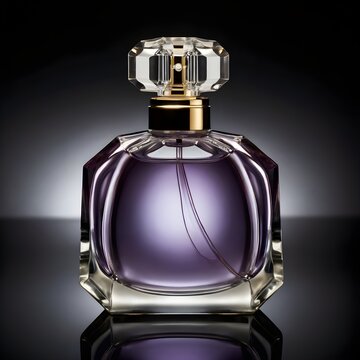 Elegant luxury perfume bottle with faceted crystal cap and rich purple liquid, showcased against dark gradient background with reflective surface. Captures sophistication, glamour and premium fragranc