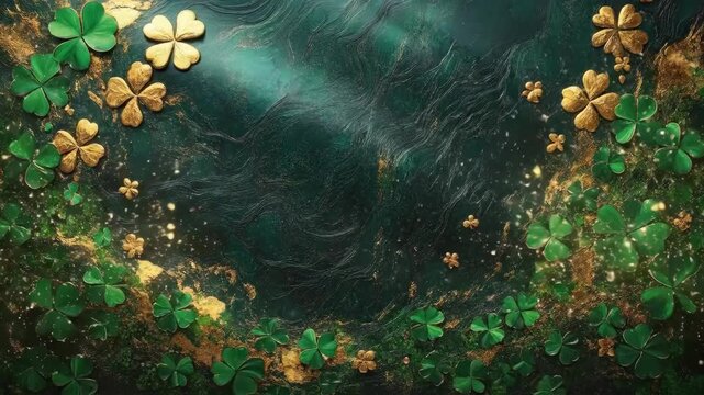 Luxurious emerald and gold clover pattern with textured background. Saint Patrick's Day, St Paddy's Day, St Patty's Day - Irish National Holiday and Cultural Celebration