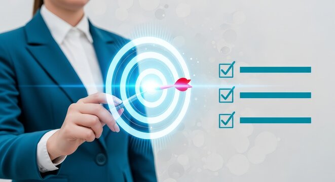 Businesswoman hitting target with checklist achieving goals and success in corporate strategy