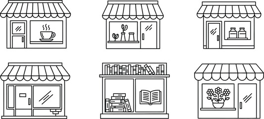 Various Storefront Icons: Simple outline illustrations showcasing a collection of diverse store fronts, ideal for graphic design and conceptual representations.