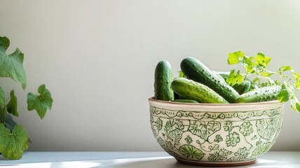 Fresh Cucumbers in a Decorative Ceramic Pot with Intricate Patterns Bathed in Natural Light