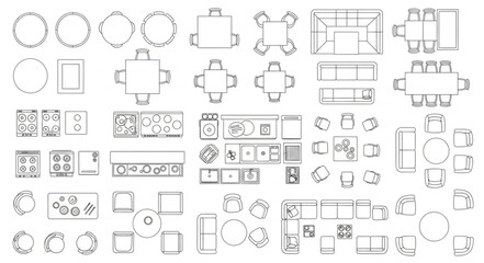 Architectural floor plan blueprints showcasing various furniture arrangements and room layouts. © Rian