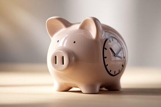 A modern piggy bank featuring a simple clock icon 