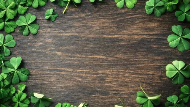 Lush green clover leaves frame on dark wooden background. Saint Patrick's Day, St Paddy's Day, St Patty's Day - Irish National Holiday and Cultural Celebration