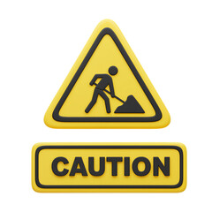 Construction Caution Sign: A vibrant yellow construction sign warns of potential hazards, the black silhouette of a worker diligently digging, alongside a bold CAUTION notice.