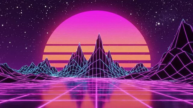Retrowave grid landscape with neon mountains and setting sun