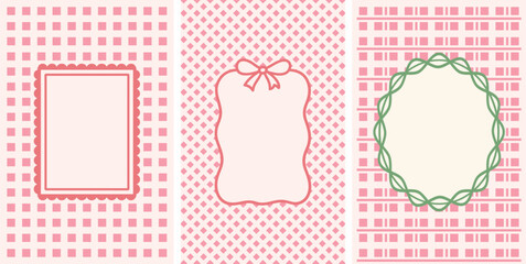 Set of vintage pink decorative frames with polka dot and checkered patterns, retro floral oval border, blank label templates for invitations, greeting cards, wedding design and scrapbook elements