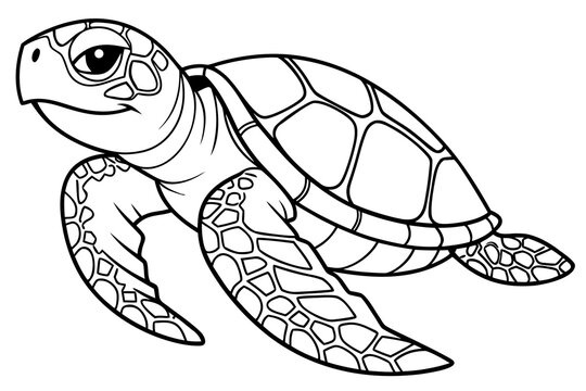 Single cute baby turtle coloring book page, one large centered object only, black and white vector line art, bold clean outlines, no shading, no grayscale, no background, white background only, printa