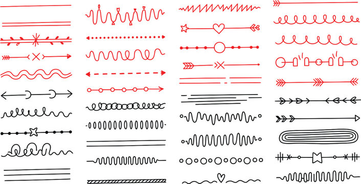 Hand drawn doodle dividers and borders set. Simple sketch lines, arrows, and decorative elements for page design, text separation, and bullet journal decoration. Vector illustration.