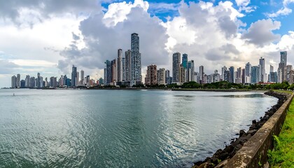 Obraz premium A city skyline along a waterfront with a cloudy sky