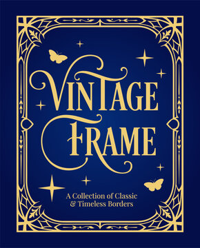 Classic Vintage Frame With Elegant Gold Ornaments On Blue