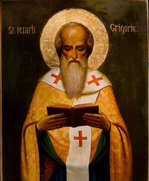 An old religious icon depicts the Saint Gregory, at the Sihastria Monastery - Romania