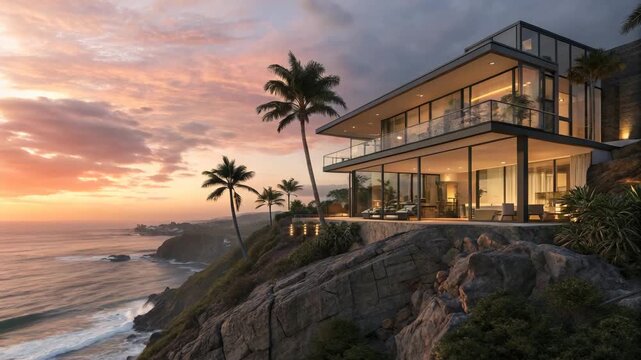 Luxury Cliffside Villa at Sunset with Ocean View and Palm Trees, Cinematic Stock Footage