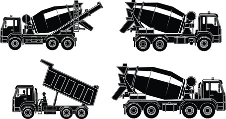 Heavy industrial construction vehicles silhouettes featuring concrete mixer trucks and a dump truck isolated on white background for building industry projects © Mou