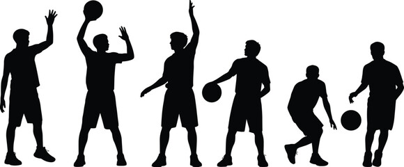 Basketball player silhouette collection with dribbling and shooting poses, black vector illustration isolated on white background design © Creatives World