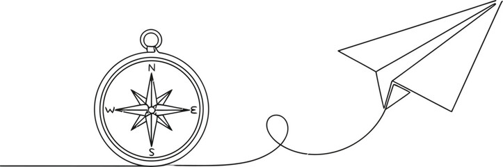 Continuous line drawing of a compass providing direction for a paper airplane's flight path, symbolizing guidance, travel, and new beginnings.  © Sheikh