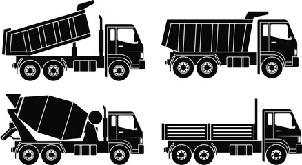 Collection of heavy construction truck silhouettes including dump trucks concrete mixers and flatbed trucks isolated on white background for industrial design © Mou