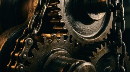 Close up of an old metal clock mechanism with gears and mechanical parts