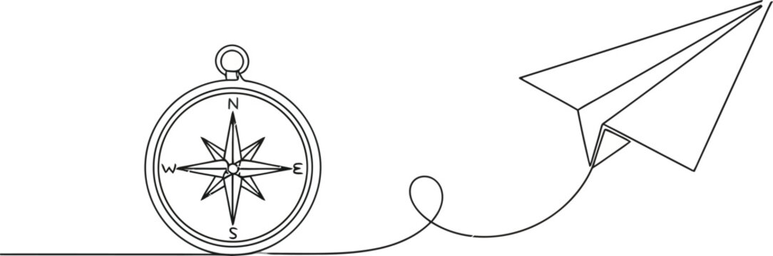 Continuous line drawing of a compass providing direction for a paper airplane's flight path, symbolizing guidance, travel, and new beginnings.
